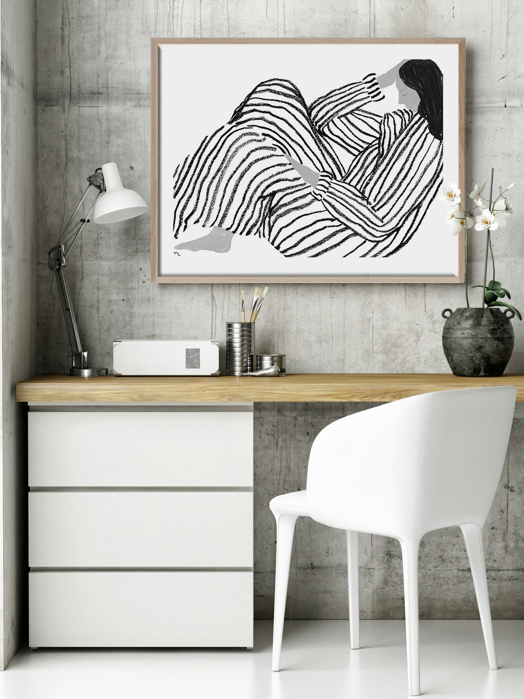 Cuadro Arte Moderno Mujer Ondas Abstractas Grafito