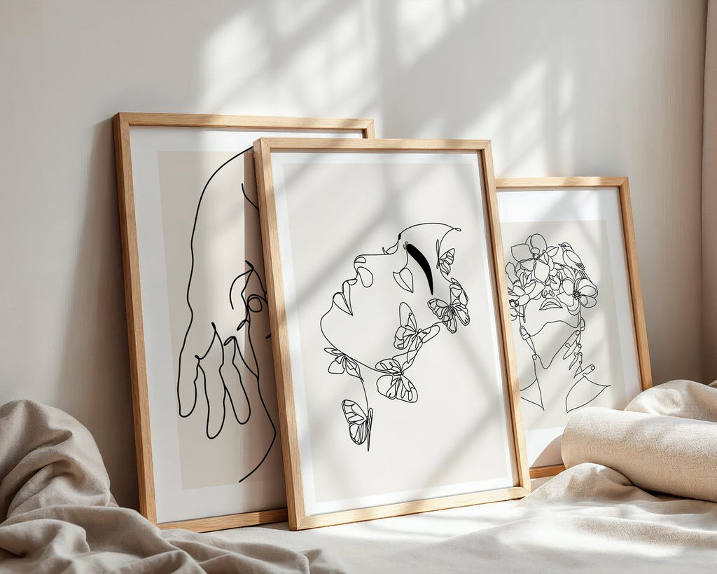 Set Cuadros Tríptico Figuras Dibujo Lineal Boho