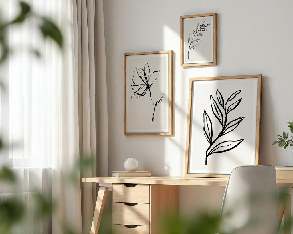 Cuadro Naturaleza Hojas Line Art Negro Minimalista