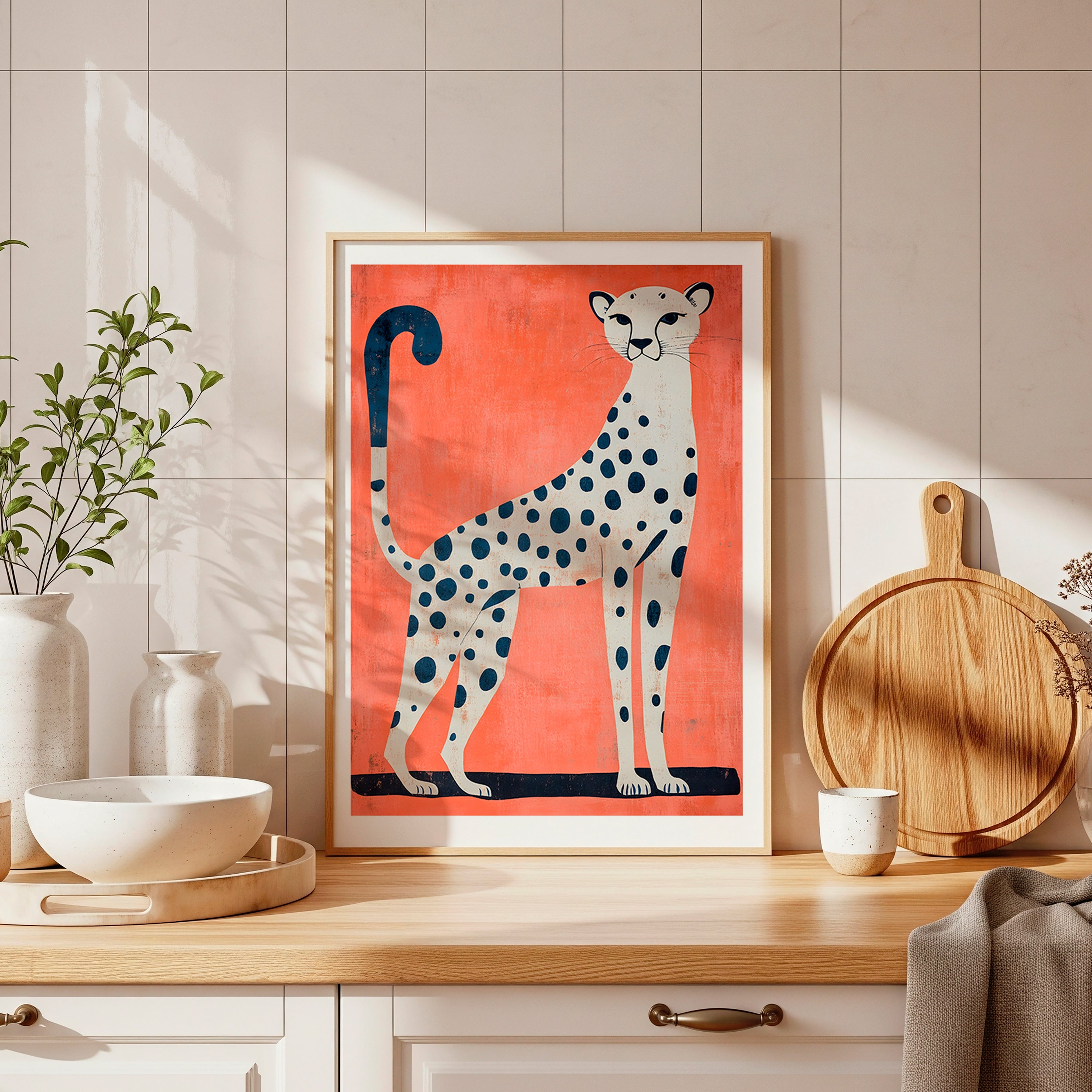 Cuadro Animales Felino Fondo Coral Minimalista