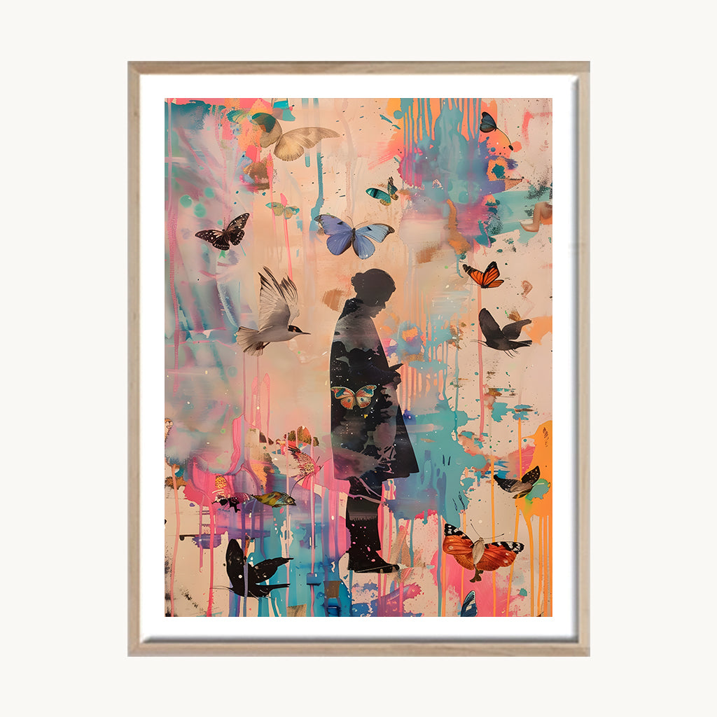 Cuadro Pop Silueta entre mariposas Pastel