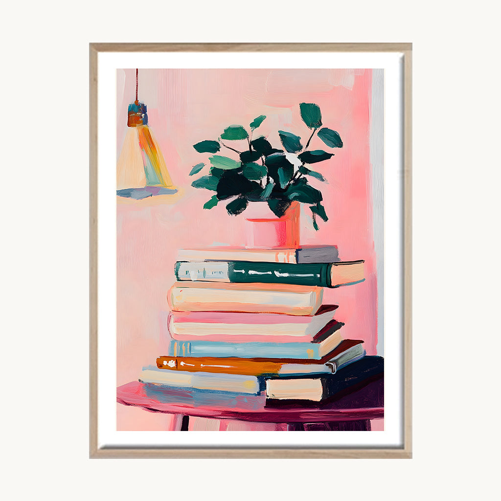 Cuadro Pop Libros y Planta en Rosa 1