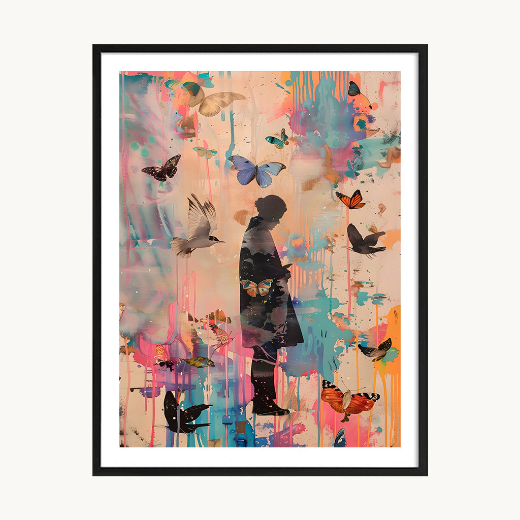 Cuadro Pop Silueta entre mariposas Pastel