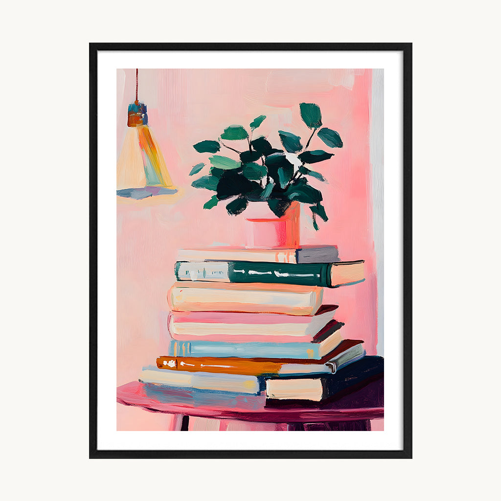 Cuadro Pop Libros y Planta en Rosa 1