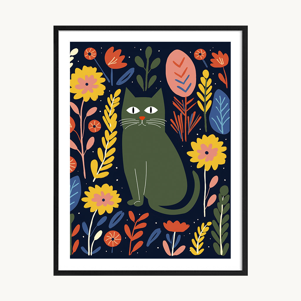 Cuadro Infantil Gato y Flores Noche
