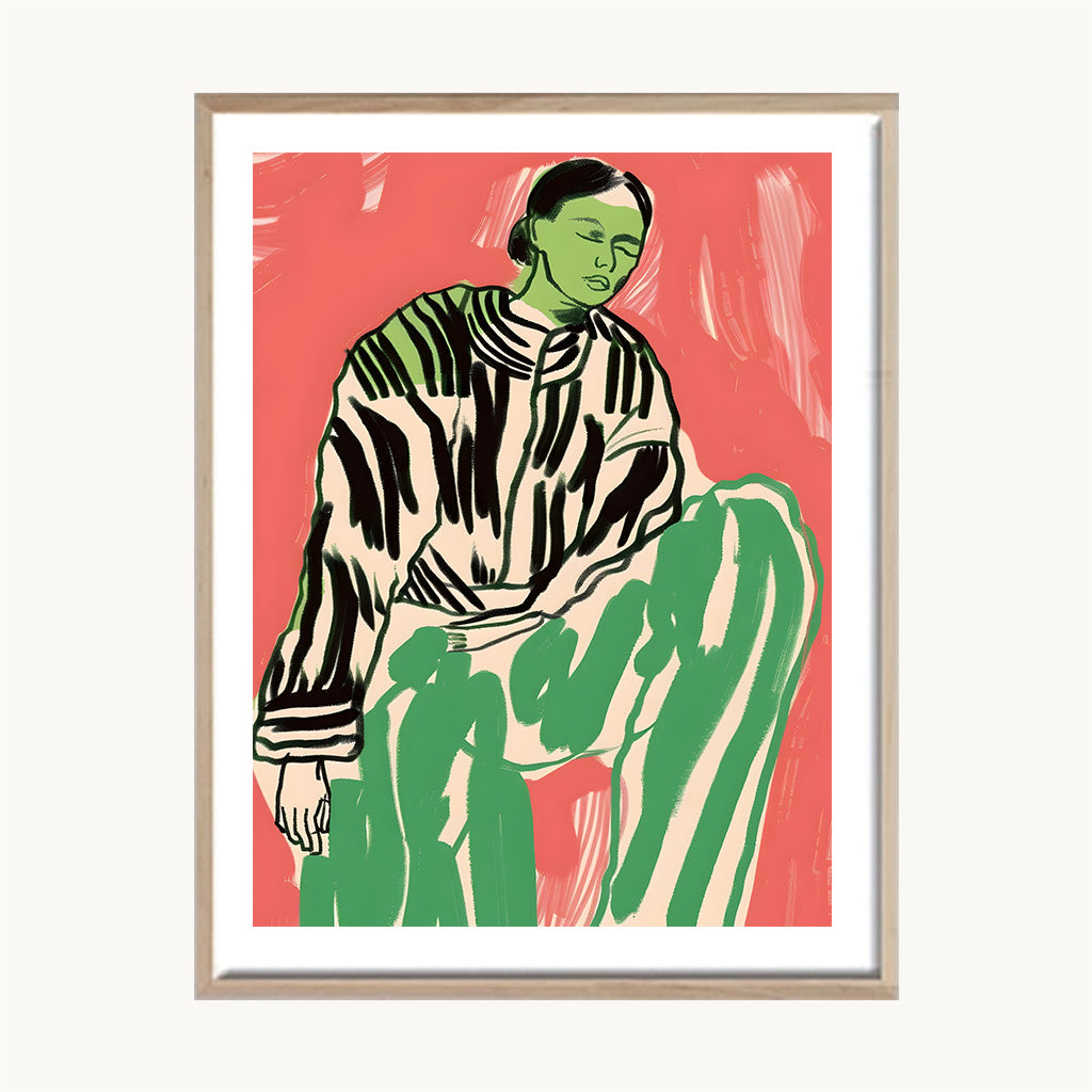 Cuadro Arte Moderno Figura Verde Fondo Coral