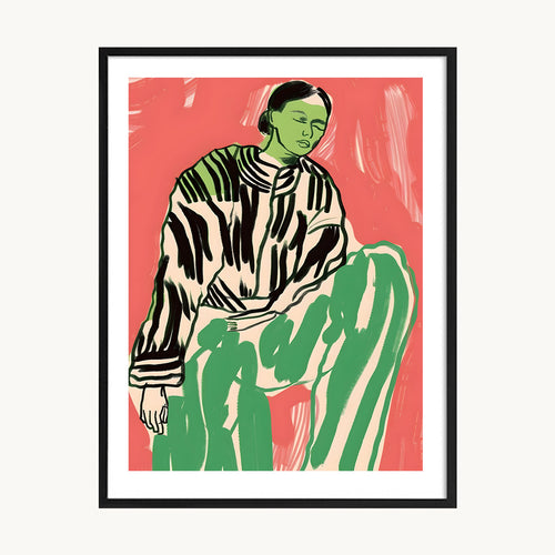 Cuadro Arte Moderno Figura Verde Fondo Coral