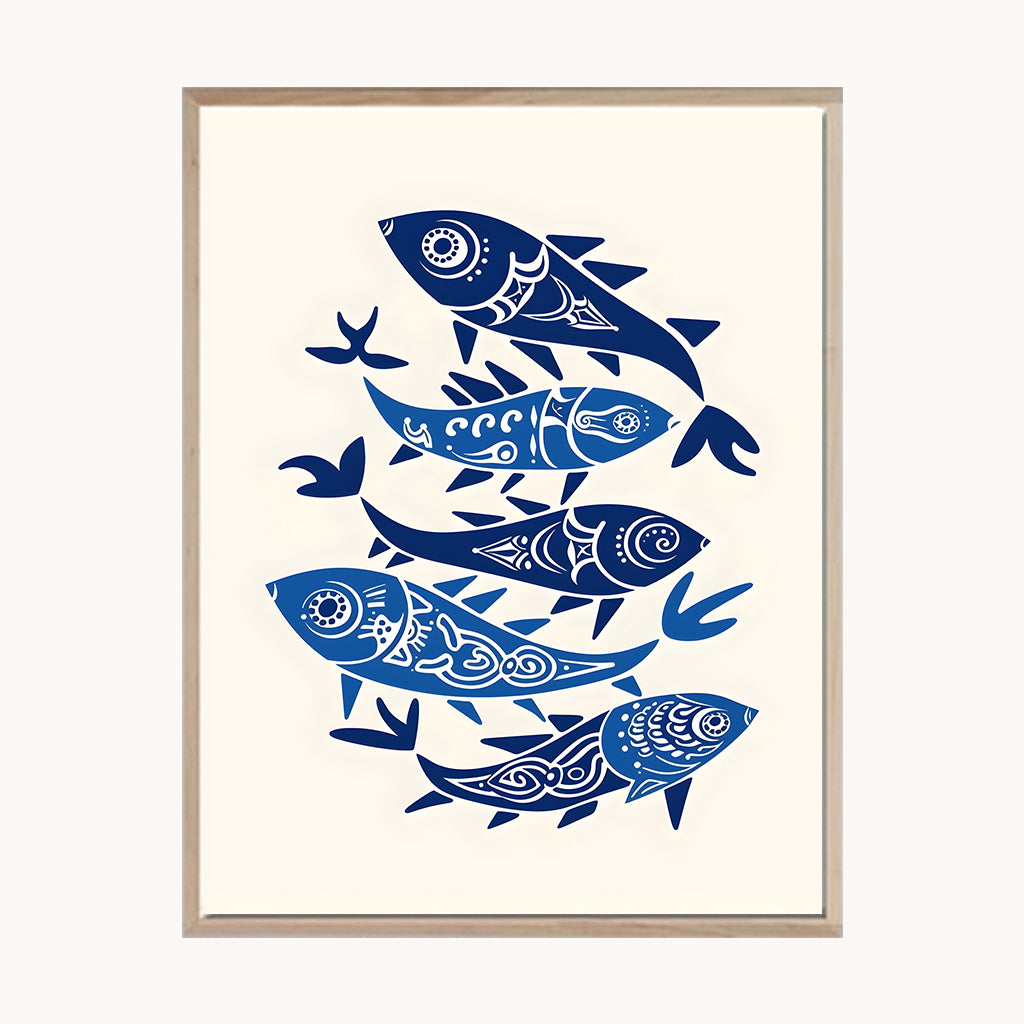 Cuadro Playa Peces Azules Ilustración Marina