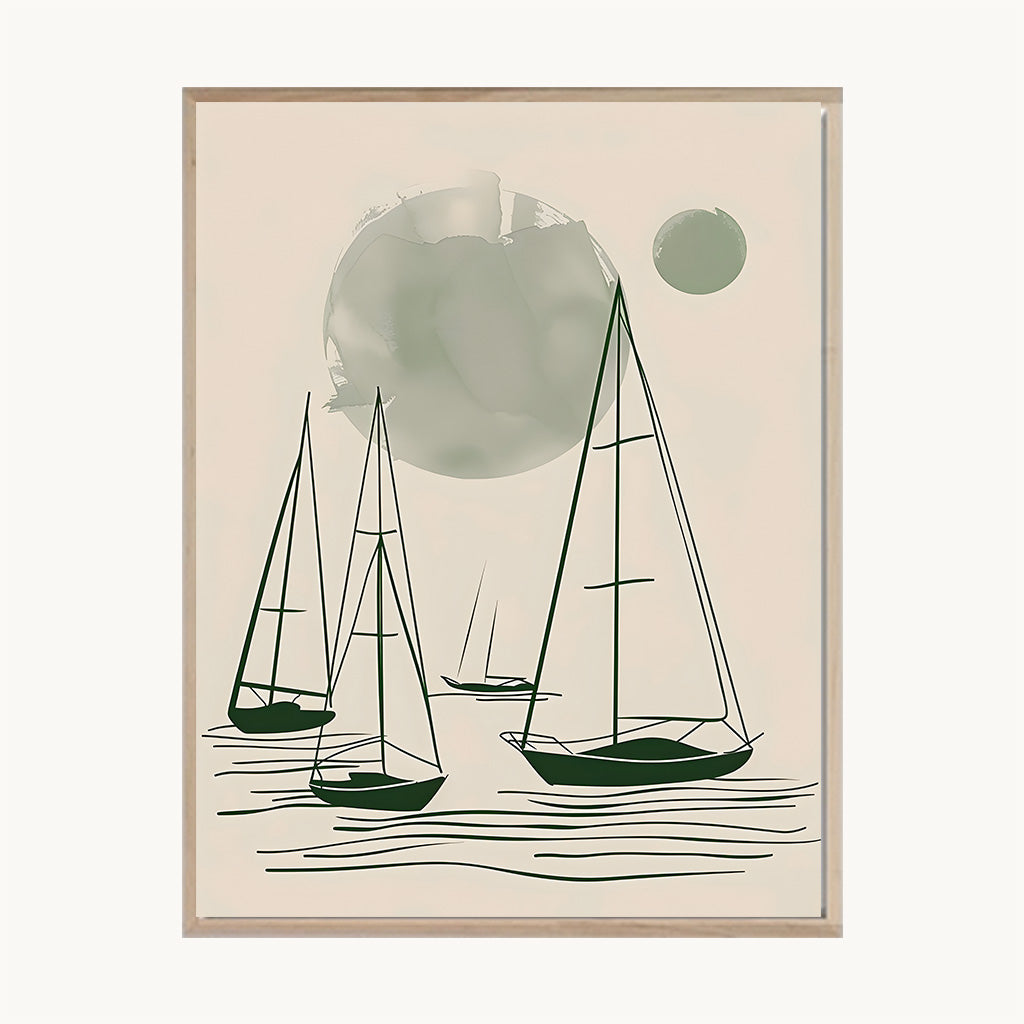 Cuadro Playa Veleros Minimalistas Verde Agua