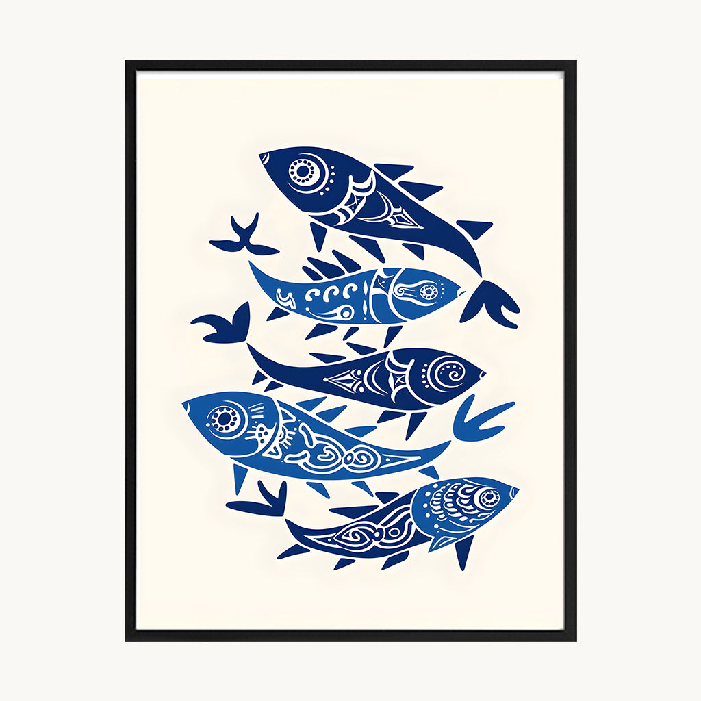 Cuadro Playa Peces Azules Ilustración Marina