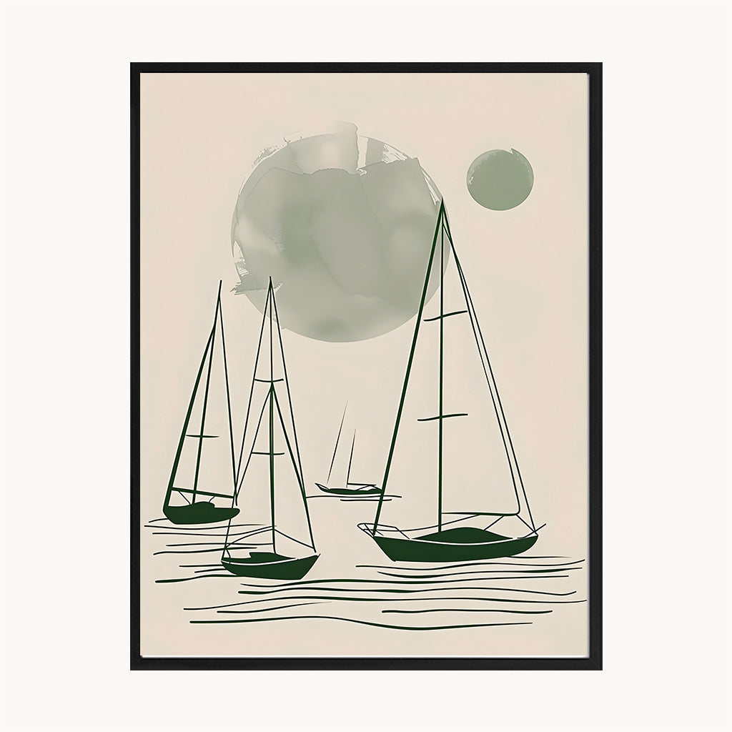 Cuadro Playa Veleros Minimalistas Verde Agua