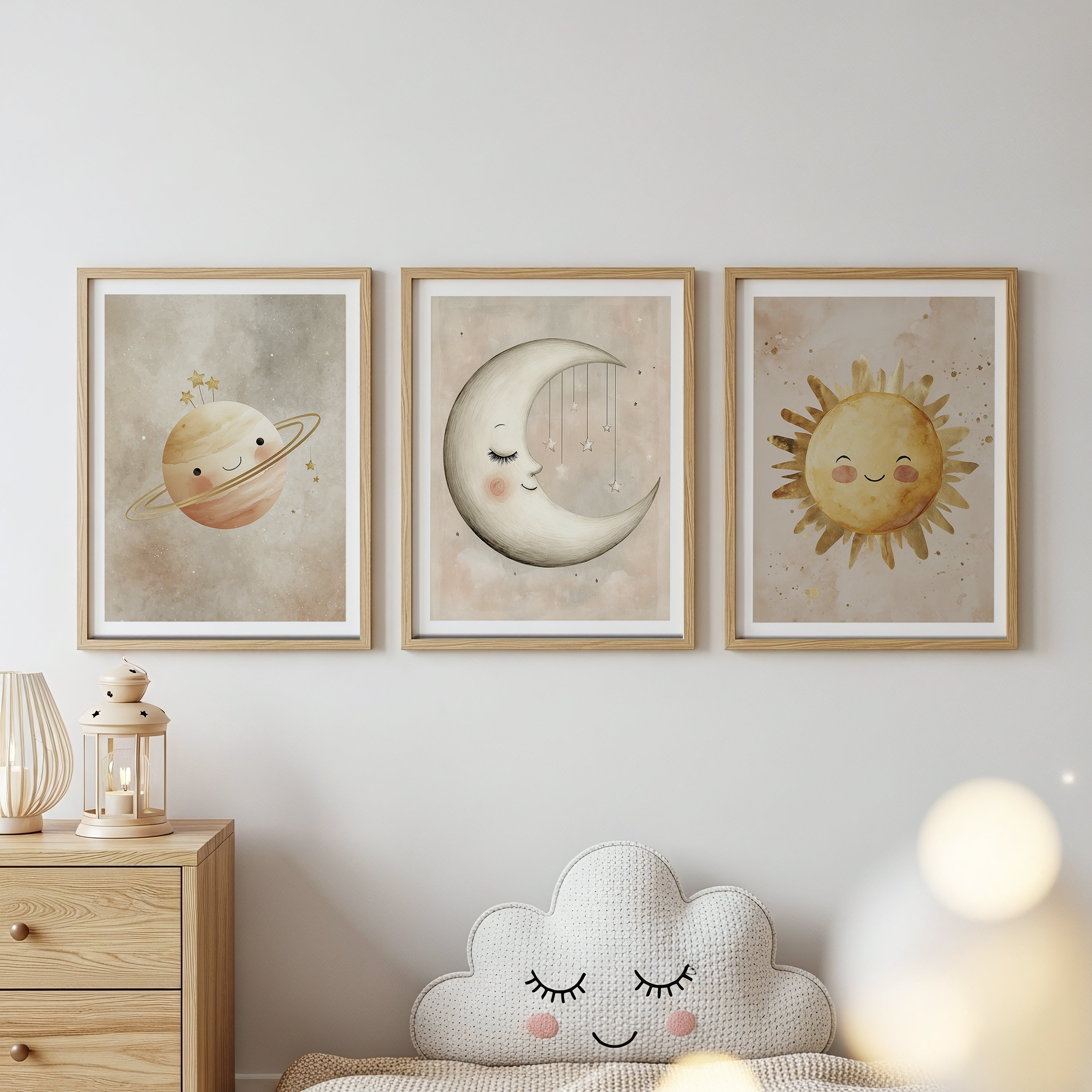 Set Cuadros Tríptico Infantil Sol Luna Decorativo