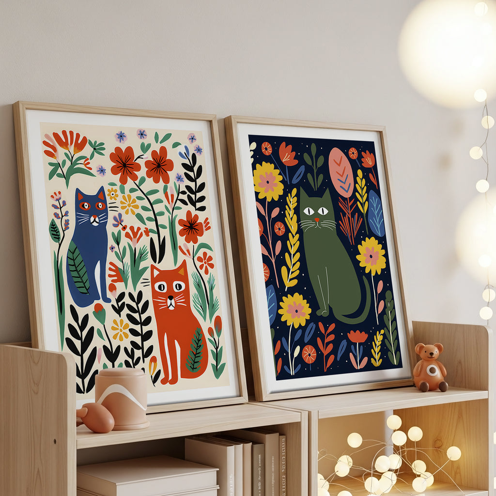 Cuadro Infantil Gato y Flores Noche