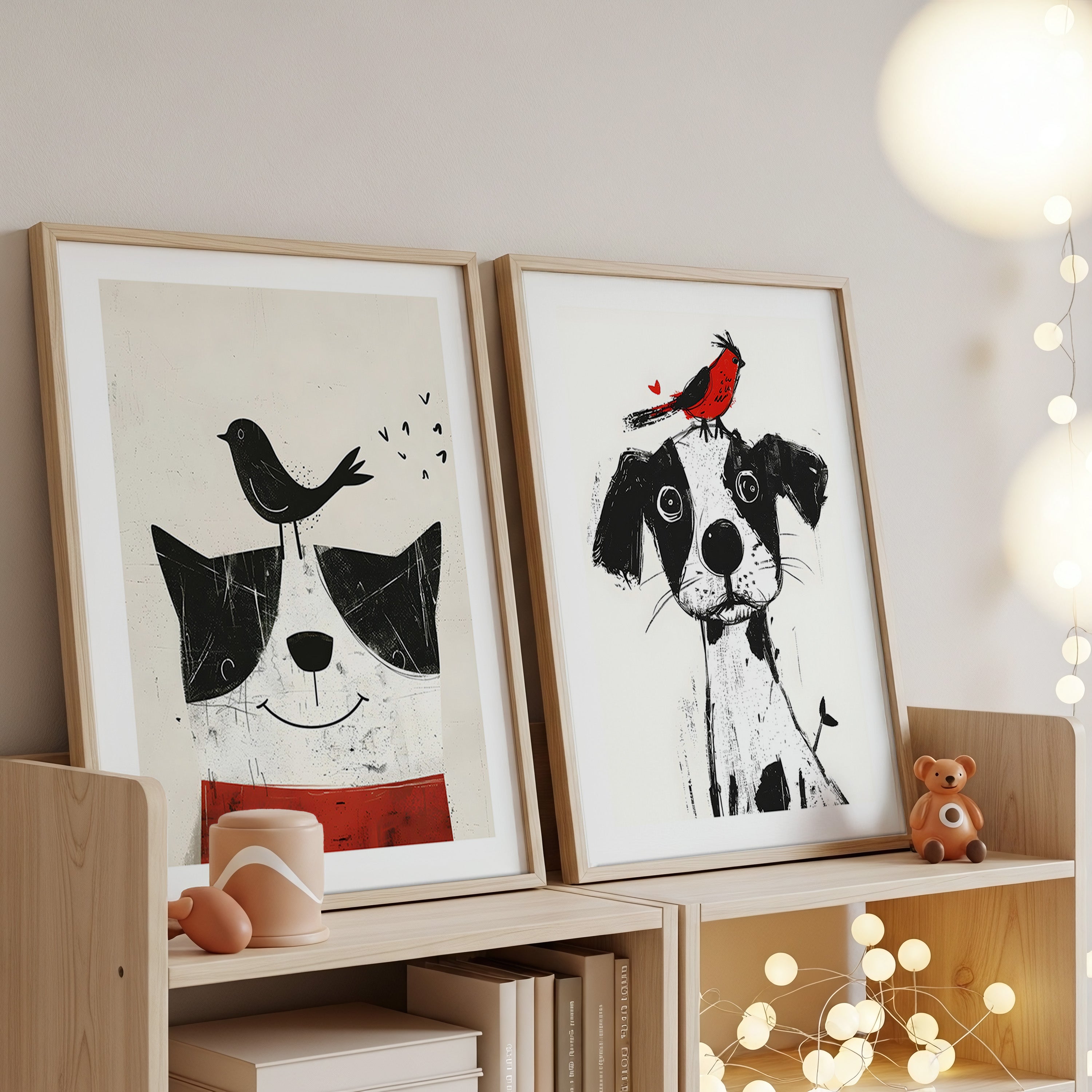 Cuadro Infantil Perrito y pajarito Ilustrado 2