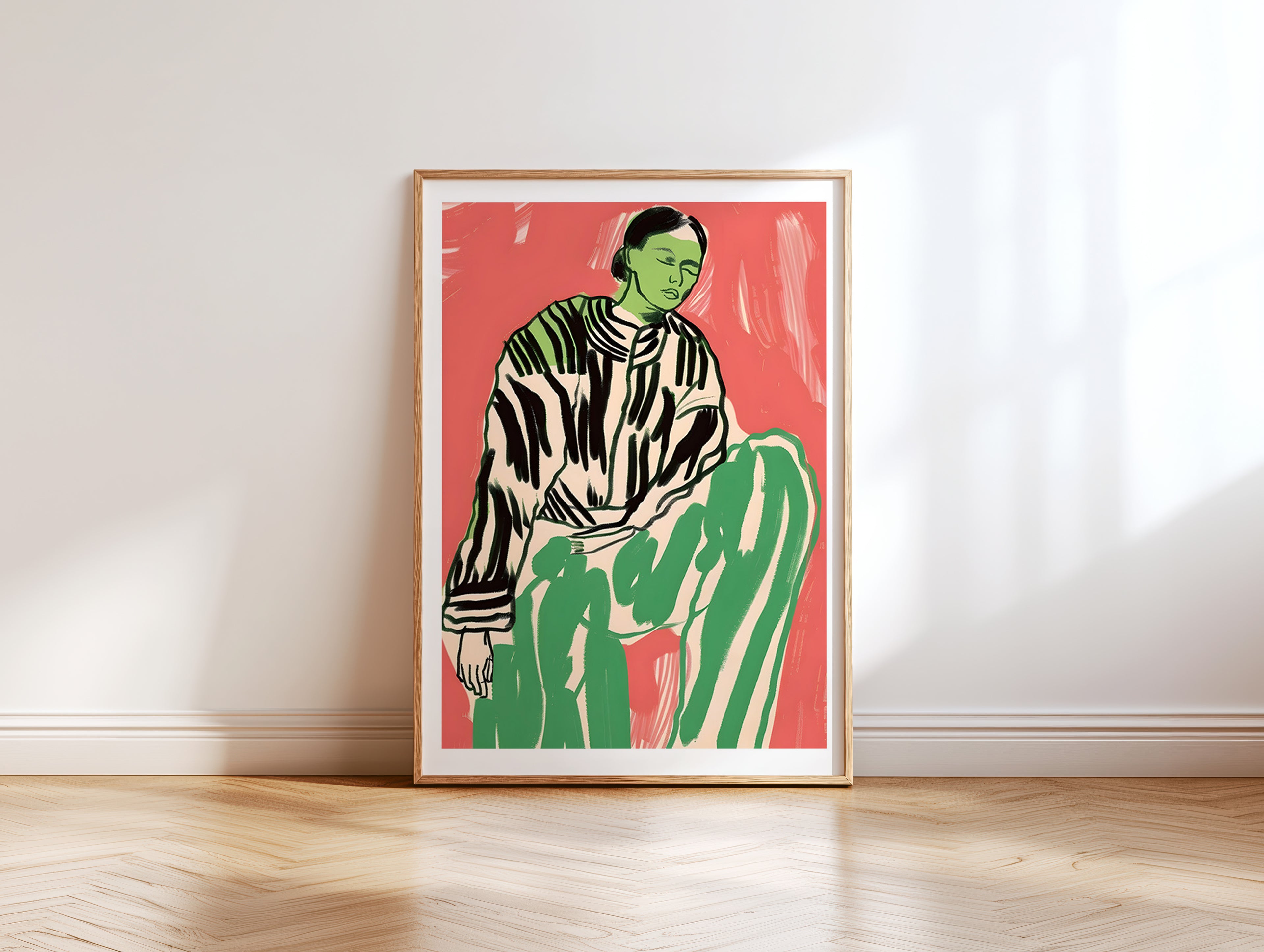 Cuadro Arte Moderno Figura Verde Fondo Coral