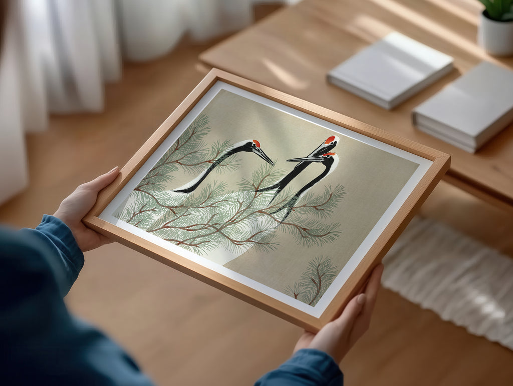 Cuadro Animales Grullas Ilustración Japonesa